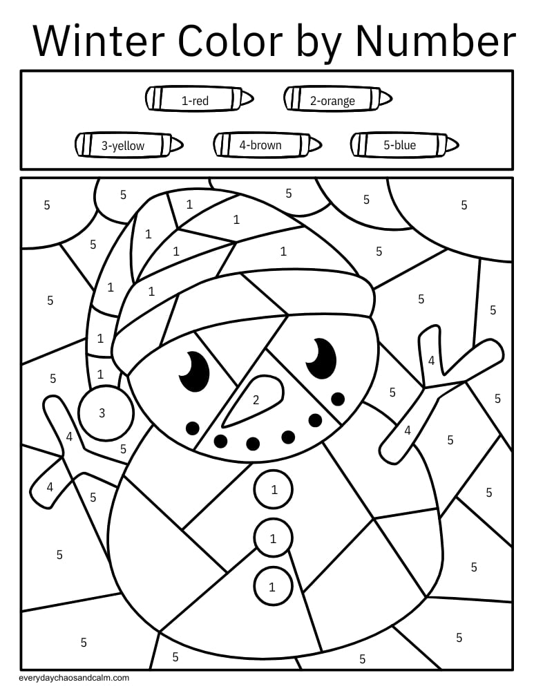 Snowman winter color by number printable PDF worksheet for kids