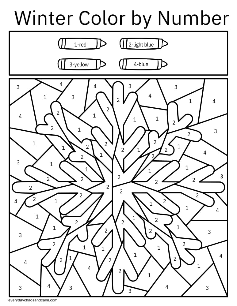 Snowflake winter color by number printable PDF worksheet for kids