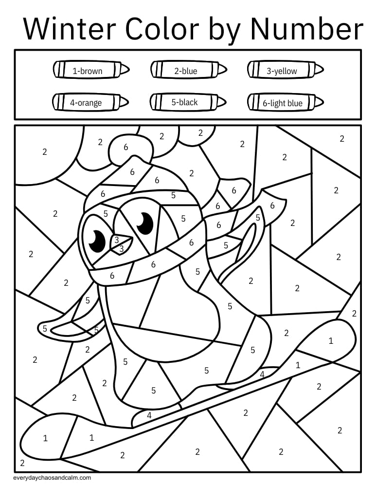 Penguin winter color by number printable PDF worksheet for kids