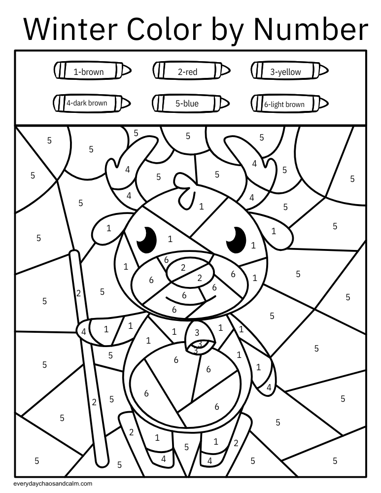 Reindeer winter color by number printable PDF worksheet for kids